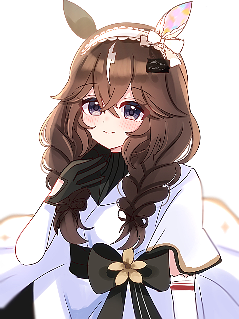 1girl braid breasts brown_hair closed_mouth commentary_request curren_bouquetd&#039;or_(umamusume) dress elbow_gloves gloves grey_eyes hair_between_eyes hair_ornament hairband highres horse_girl long_hair looking_at_viewer portrait ribbon shiroiro_obake simple_background small_breasts smile umamusume white_background