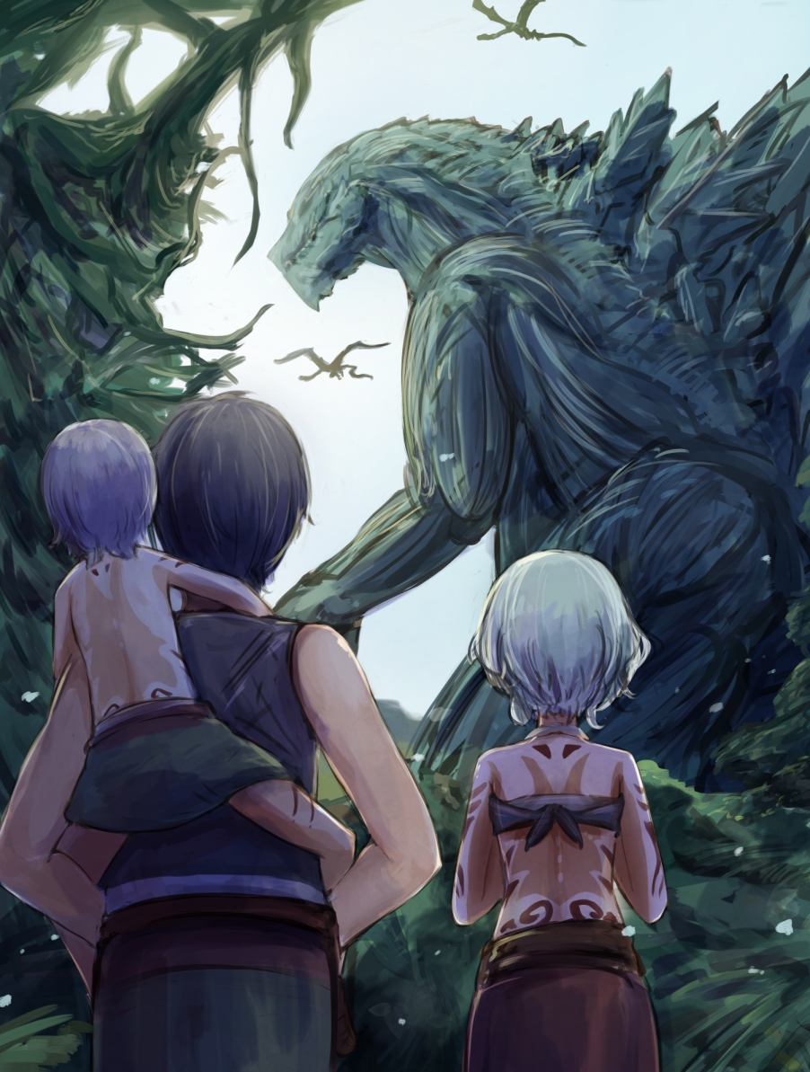 antennae apocalypse back_tattoo blue_hair child dark_skin godzilla godzilla:_planet_of_the_monsters godzilla:_the_planet_eater godzilla_(series) godzilla_earth green_eyes houtua jungle kaiju maina michino monster_girl multicolored_hair nature polygon_pictures post-apocalypse sakaki_haruo servum_(flying_type) servum_(godzilla) spoilers tattoo toho tramp_stamp tribal tribal_tattoo two-tone_hair white_hair
