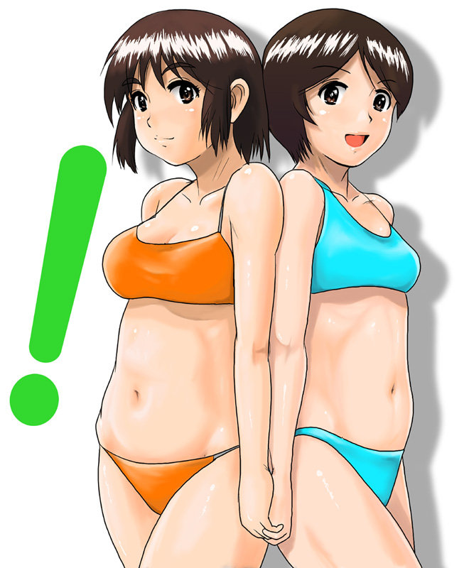 ! 2girls ayase_fuuka bikini bob_cut breasts brown_hair hiwatari large_breasts looking_at_viewer multiple_girls open_mouth shimau shiny_skin short_hair shu-z simple_background small_breasts smile swimsuit thick_eyebrows white_background yotsubato!