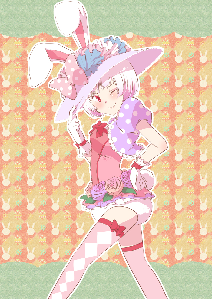 1girl animal_ears bow dancer disney disneyland easter easter_wonderland end_bunny_(disney) flower frills gloves hair_flower hair_ornament hat pantyhose pon_o rabbit_ears short_hair smile solo thighhighs top_hat white_hair