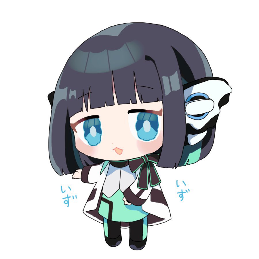 1girl :o android black_bow black_hair bob_cut bow chibi cowboy_shot green_eyes hand_up humagear_headphones is_(kamen_rider_01) kamen_rider kamen_rider_01_(series) looking_at_viewer nail_polish open_mouth pantyhose robot_ears simple_background skirt tanikomotimoti white_background