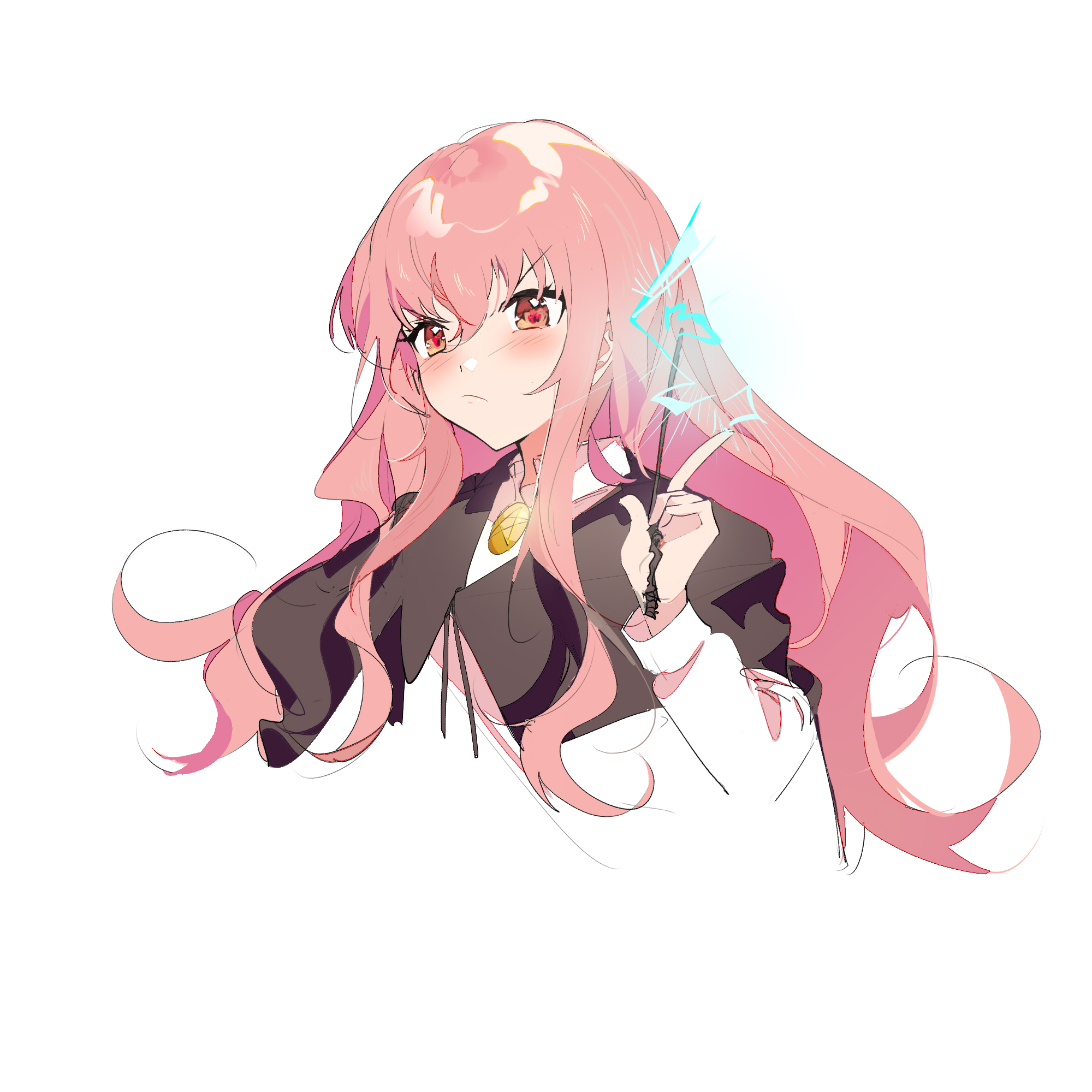1girl black_cape blush cape closed_mouth collared_shirt cropped_torso frown hair_between_eyes hako_(misheyes) highres holding holding_wand jewelry long_hair long_sleeves louise_francoise_le_blanc_de_la_valliere magic pendant pentacle pink_hair red_eyes shirt simple_background solo wand white_background white_shirt zero_no_tsukaima