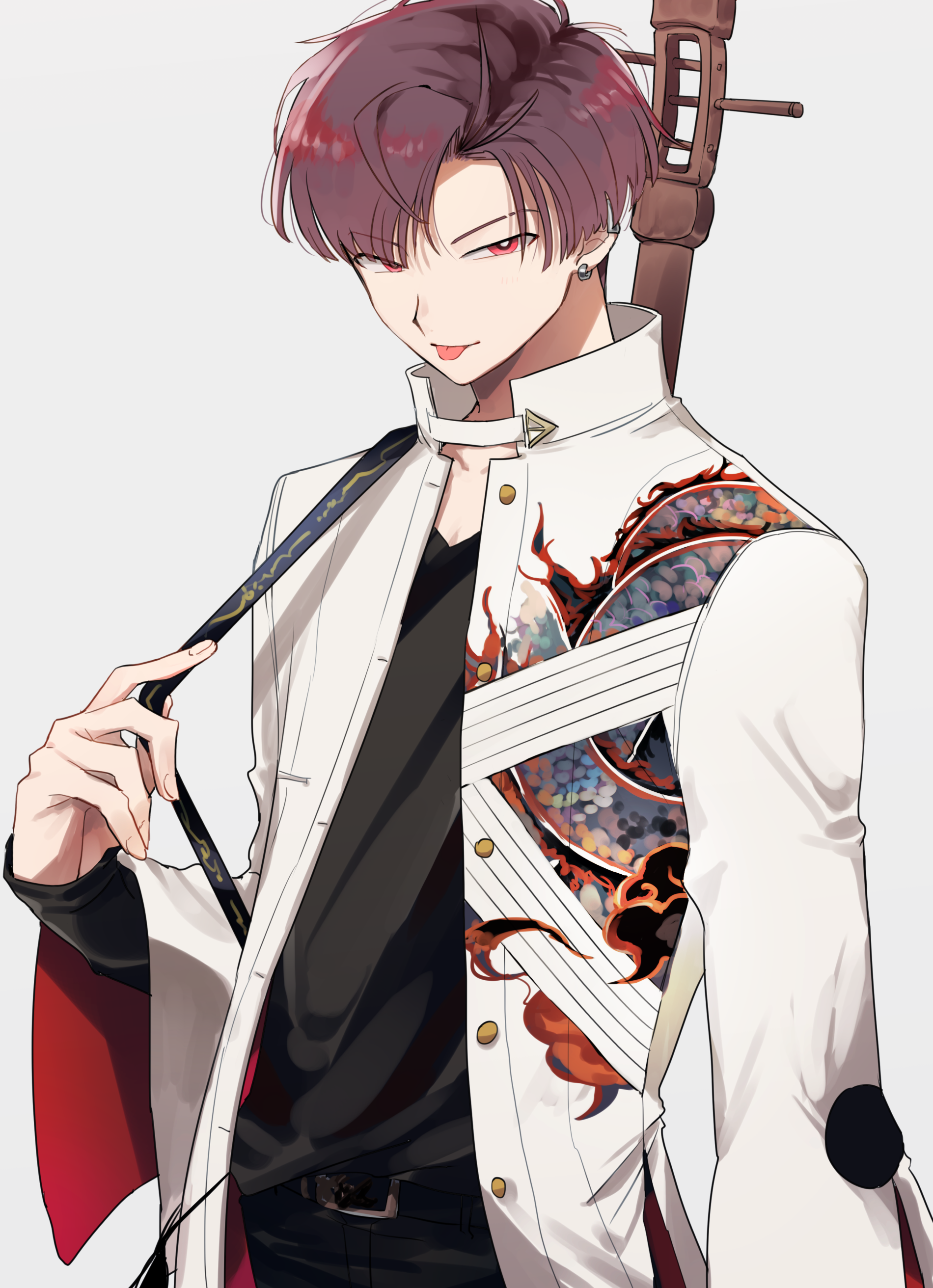 1boy :p absurdres belt belt_buckle black_belt black_shirt buckle buttons closed_mouth coat collared_coat commentary_request earclip earrings eyebrow_cut fate/grand_order fate_(series) hand_up highres instrument instrument_on_back jewelry long_sleeves looking_at_viewer male_focus open_clothes open_coat parted_bangs red_eyes red_hair shamisen shirt short_hair simple_background smile solo takasugi_shinsaku_(fate) takasugi_shinsaku_(first_ascension)_(fate) tongue tongue_out white_background white_coat wide_sleeves yuu_(areruya)