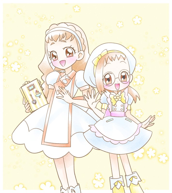 2girls :d arisugawa_himari belt blush book boots bow brown_eyes brown_hair cosplay costume_switch crossover dress flower fujiwara_hazuki glasses hat headset holding holding_book kirakira_patisserie_uniform kirakira_precure_a_la_mode long_hair magical_girl multiple_girls official_alternate_costume ojamajo_doremi open_mouth pink_belt precure round_eyewear senri_bunny short_bangs smile