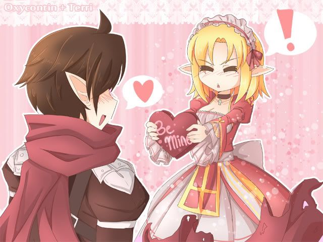 ! 1boy 1girl adapted_costume ahoge armor assassin_cross_(ragnarok_online) back_bow black_choker black_shirt blonde_hair bow box brown_hair choker closed_eyes commentary cowboy_shot cross cross_choker dress english_commentary heart heart-shaped_box hetero high_priest_(ragnarok_online) juliet_sleeves long_sleeves looking_at_another open_mouth pauldrons pink_background pointy_ears puffy_sleeves ragnarok_online red_dress red_scarf sash scarf shirt short_hair shoulder_armor spoken_exclamation_mark spoken_heart terr_(13978) two-tone_dress valentine white_bow white_dress white_sash