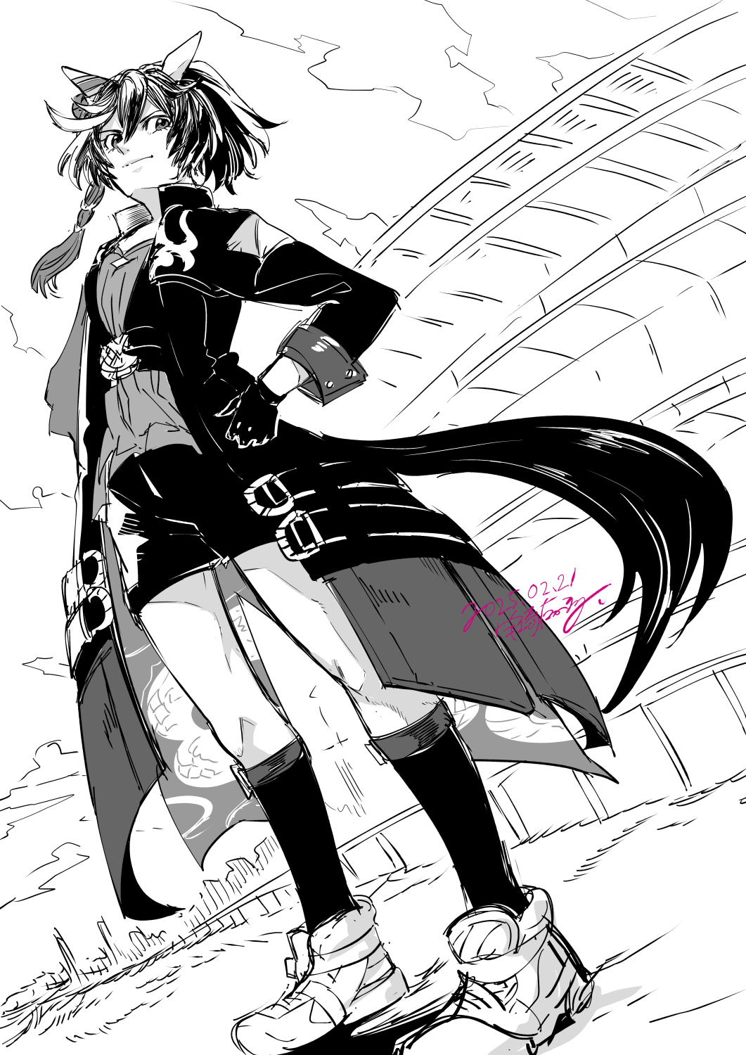 1girl animal_ears black_coat black_gloves black_shorts black_socks coat commentary dated dutch_angle ear_covers from_below gloves greyscale hair_ornament highres horse_ears horse_girl horse_racing_track horse_tail katsuragi_ace_(umamusume) long_sleeves looking_at_viewer looking_down monochrome shorts signature socks solo tail tassel tassel_hair_ornament umamusume uzaki_(jiro)