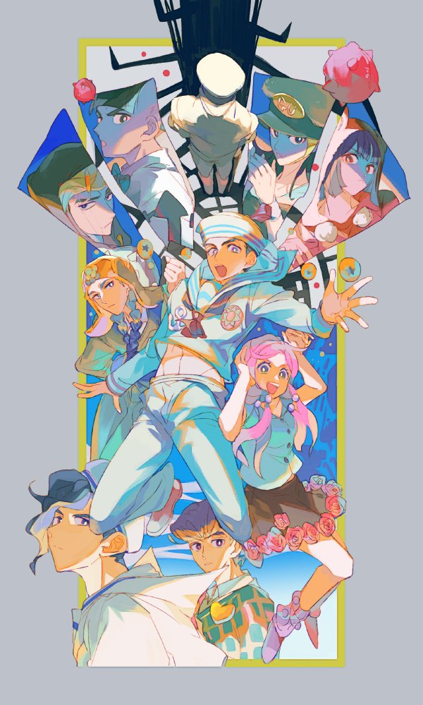 black_hair bubble dixie_cup_hat everyone hat higashikata_daiya higashikata_jobin higashikata_joshu higashikata_josuke_(jojolion) hirose_yasuho jojo_no_kimyou_na_bouken jojolion kira_yoshikage_(jojolion) kujo_josefumi kuujou_josefumi mamezuku_rai midriff_peek military_hat nijimura_kei pink_hair rokakaka sailor_hat senzzang tree