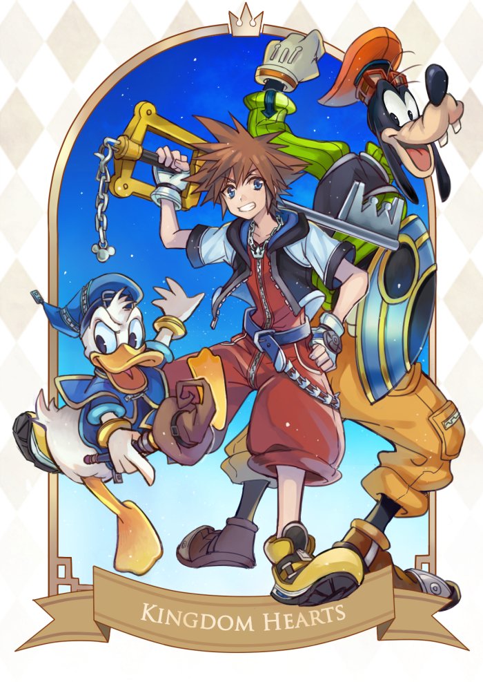 3boys barefoot belt bird blue_belt blue_coat blue_eyes blue_headwear brown_hair chain chain_necklace coat cropped_jacket dog donald_duck duck full_body goofy green_sweater grin hair_between_eyes hand_on_own_hip hat holding holding_shield holding_staff holding_weapon hood hood_down hooded_jacket jacket jewelry jumpsuit keyblade kingdom_hearts looking_at_viewer male_focus mickey_mouse_&amp;_friends multiple_boys necklace orange_headwear over_shoulder pants red_jumpsuit shield shoes short_hair short_jumpsuit short_sleeves smile sora_(kingdom_hearts) spiked_hair staff sweater teeth turtleneck turtleneck_sweater weapon weapon_over_shoulder yellow_pants yellow_shoes yurichi_(artist)