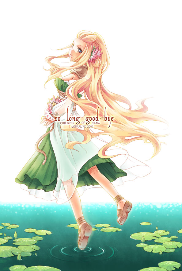 1girl blonde_hair blue_eyes brown_sandals children_of_mana dress female_focus flower sandals seiken_densetsu solo souchi tess_(children_of_mana)