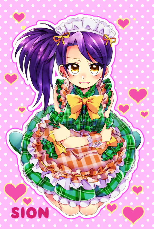 1girl apron birthday bow bowtie character_name crossed_arms doroshii dress earrings frilled_dress frills full_body green_dress heart idol_clothes jewelry long_hair looking_at_viewer maid_headdress pink_background polka_dot polka_dot_background pretty_series pripara purple_hair side_ponytail sitting solo swept_bangs toudou_shion wariza wrist_cuffs yellow_bow yellow_bowtie yellow_eyes