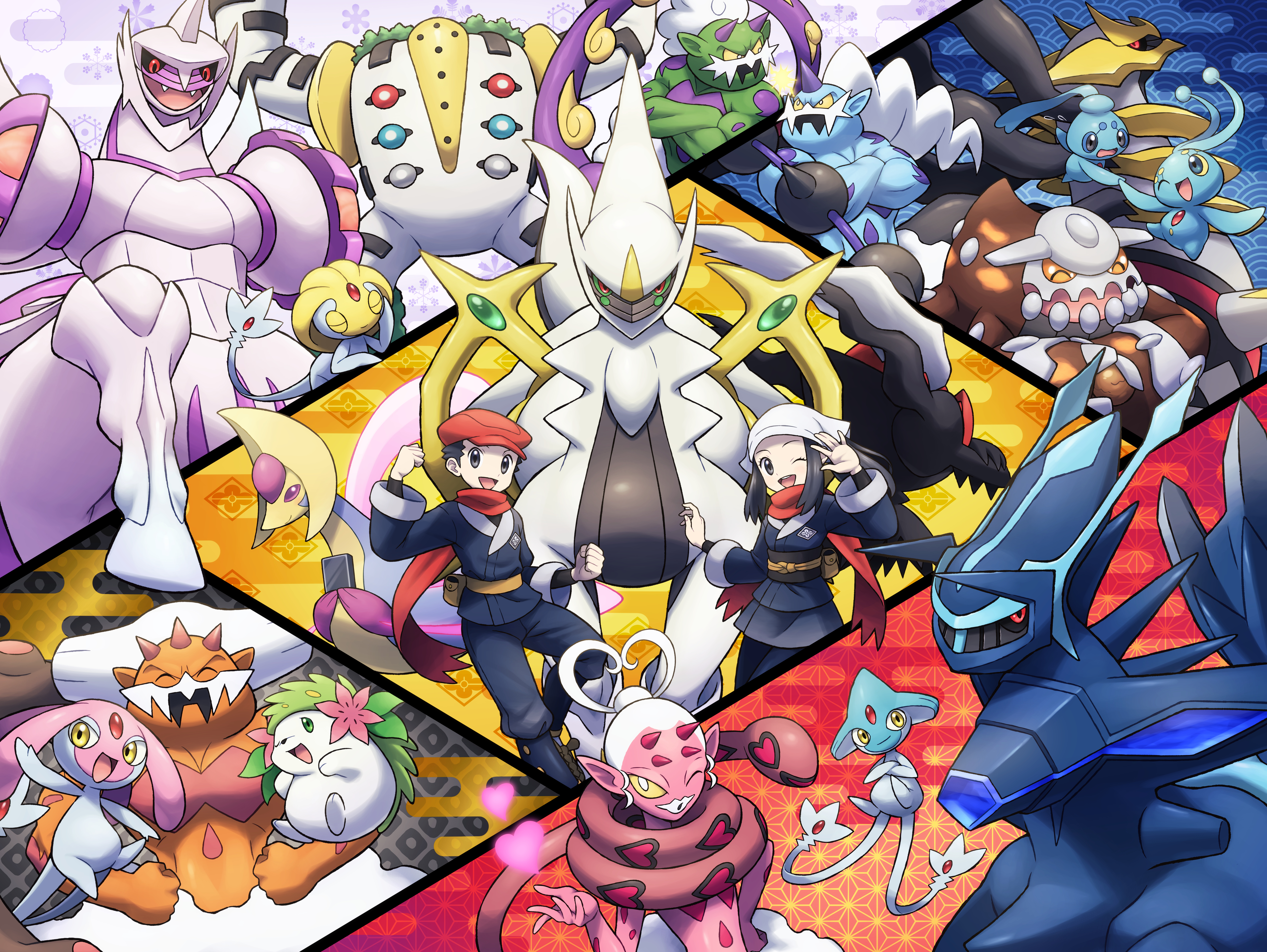 1boy 1girl :d ;d absurdres akari_(pokemon) arceus azelf black_hair black_sash black_shirt commentary_request cresselia darkrai dialga dialga_(origin) enamorus enamorus_(incarnate) gen_4_pokemon gen_5_pokemon giratina giratina_(origin) grey_jacket grey_pants grey_skirt hands_up happy hat headscarf heatran highres ice_ground jacket landorus landorus_(incarnate) legendary_pokemon manaphy mesprit mythical_pokemon nintendo one_eye_closed open_mouth palkia palkia_(origin) pants phione pokemon pokemon_(creature) pokemon_legends:_arceus red_headwear red_scarf regigigas rei_(pokemon) sash scarf shaymin shaymin_(land) shirt short_hair skirt smile thundurus thundurus_(incarnate) tornadus tornadus_(incarnate) uxie white_headscarf white_headwear