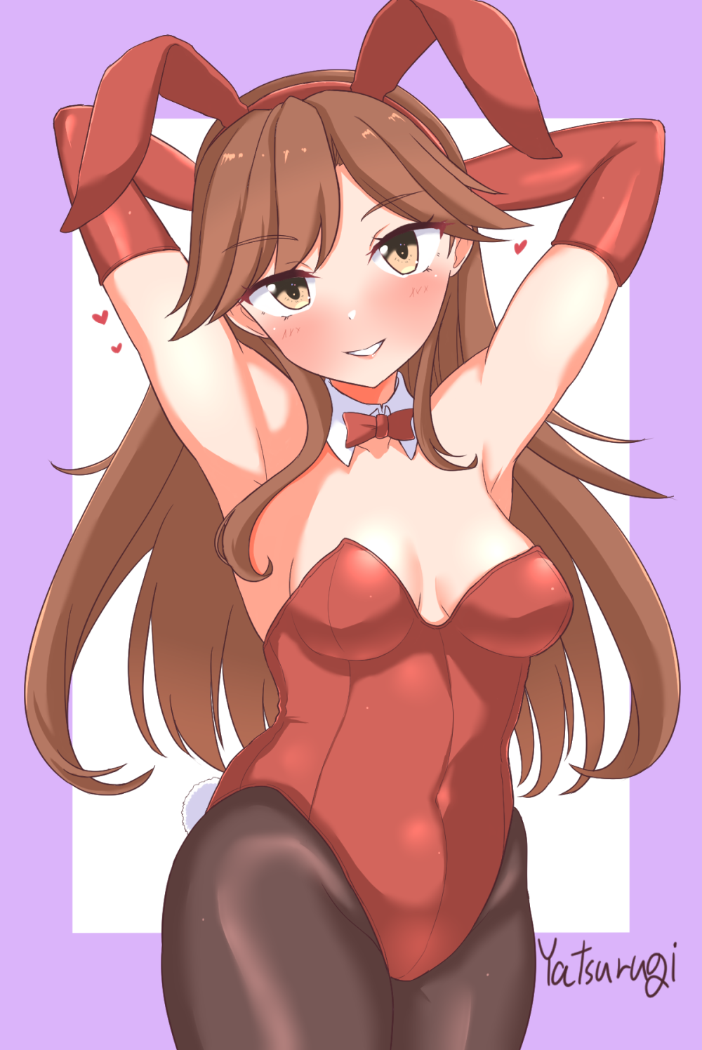 1girl animal_ear_hairband animal_ears arashio_(kancolle) armpits arms_behind_head arms_up black_pantyhose bow bowtie breasts brown_eyes brown_hair detached_collar elbow_gloves fake_animal_ears fake_tail gloves hairband heart highleg highleg_leotard highres kantai_collection leotard long_hair looking_at_viewer medium_breasts pantyhose playboy_bunny rabbit_ear_hairband rabbit_ears rabbit_tail red_bow red_bowtie red_gloves red_hairband red_leotard smile solo strapless strapless_leotard tail traditional_bowtie very_long_hair yatsurugi
