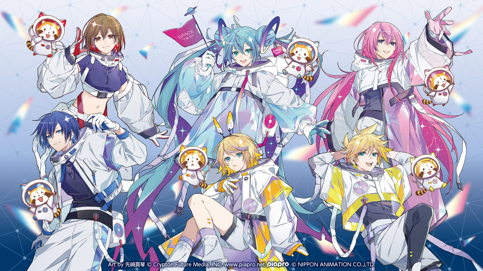 2boys 4girls aqua_hair astronaut blonde_hair blue_gloves blue_hair blue_shirt blurry breasts brown_hair colored_inner_hair commentary_request crop_top cropped_jacket depth_of_field double_bun english_text flag gloves grey_jacket grey_pants grey_shorts hair_bun hairband hatsune_miku highres holding holding_flag jacket kagamine_len kagamine_rin kaito_(vocaloid) long_hair megurine_luka meiko_(vocaloid) multicolored_hair multiple_boys multiple_girls navel official_art pants pink_gloves pink_hair purple_hair red_gloves red_hair second-party_source senzaki_makoto shirt shorts two-tone_gloves very_long_hair vocaloid white_gloves white_jacket