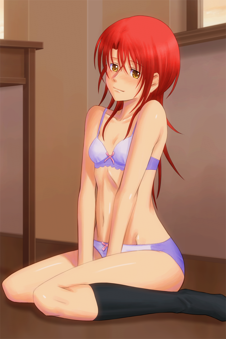 1girl between_legs black_socks blush bonnie_(rsg) bow bow_bra bow_panties bra breasts cleavage closed_mouth collarbone groin hair_between_eyes hand_between_legs hino_kahoko indoors kneehighs la_corda_d&#039;oro long_hair looking_at_viewer navel panties purple_bra purple_panties red_hair shiny_skin sitting small_breasts smile socks solo straight_hair underwear underwear_only very_long_hair wariza yellow_eyes