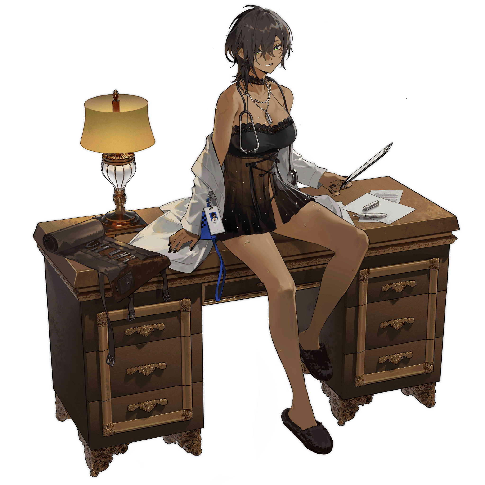 1girl babydoll bahao_diqiu black_choker black_hair black_nails black_panties black_ribbon breasts choker clipboard colt_walker_(girls&#039;_frontline) colt_walker_(pillow_talk_with_maggie)_(girls&#039;_frontline) dark-skinned_female dark_skin desk drawer earrings eyebrows_hidden_by_hair girls&#039;_frontline green_eyes grin highres holding holding_clipboard id_card jewelry lab_coat lace lace_choker lace_trim lamp lanyard large_breasts looking_at_viewer medium_hair messy_hair necklace necklace_between_breasts official_alternate_costume official_art on_desk panties paper pen ribbon sitting slippers smile stethoscope stud_earrings sweat tools transparent_background tsurime underwear wooden_desk