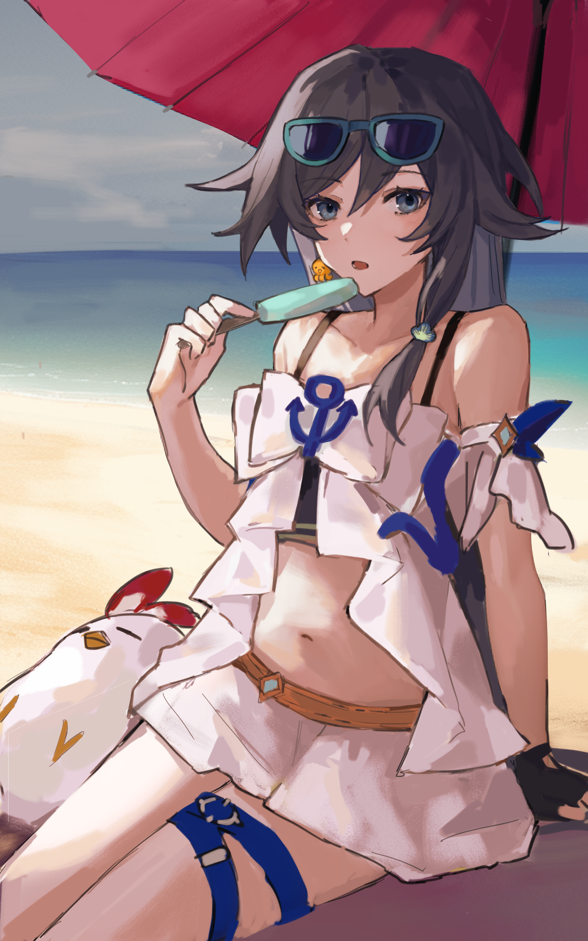 1girl absurdres bare_shoulders beach beach_umbrella bikini black_gloves blue-framed_eyewear blue_eyes eyewear_on_head food fu_hua fu_hua_(seagull's_soar) fu_hua_(shadow_knight) gloves grey_hair highres holding holding_food holding_popsicle honkai_(series) honkai_impact_3rd jingwei_(bird) long_hair looking_at_viewer navel on_ground open_mouth popsicle qink45 shell_hair_ornament single_glove sitting solo stomach sunglasses swimsuit thigh_strap umbrella white_bikini