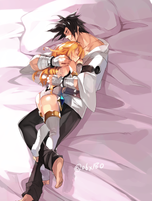 1boy 1girl arc_system_works ass bandages bare_shoulders barefoot bed black_hair blazblue blonde_hair bridal_gauntlets closed_eyes couple hetero hug hyakuhachi_(over3) kagura_mutsuki leotard long_hair lying mu-12 noel_vermillion shiny_skin short_hair sleeping thighhighs