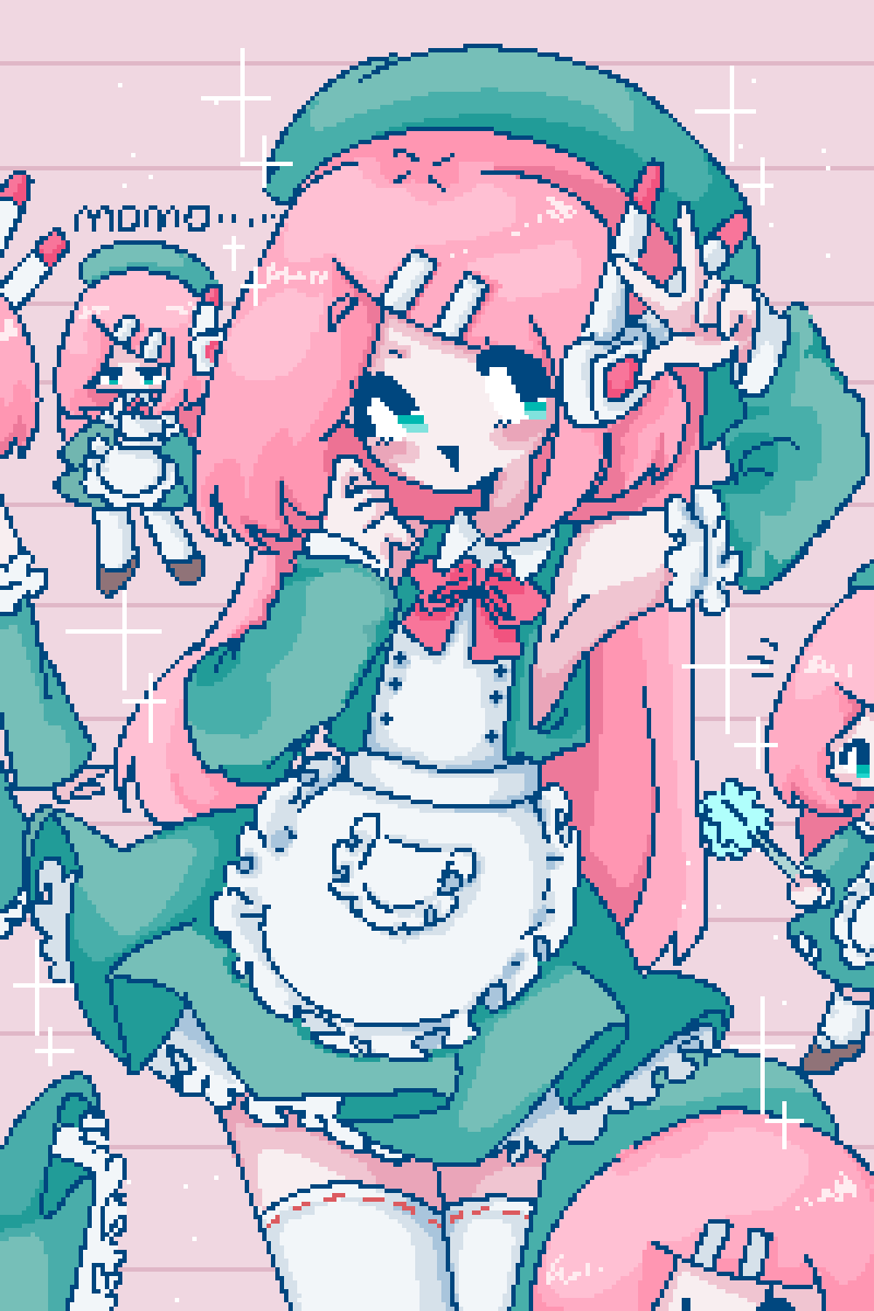 1girl apron arms_at_sides bare_shoulders beret blush chibi cleaning_brush detached_sleeves dress fiiish_yu green_dress green_eyes green_hat green_sleeves hands_up hat headphones highres holding holding_brush layered_dress long_hair long_sleeves momone_momo multiple_views pink_hair pixel_art sleeveless sleeveless_dress star_(symbol) triangle_mouth utau w waist_apron