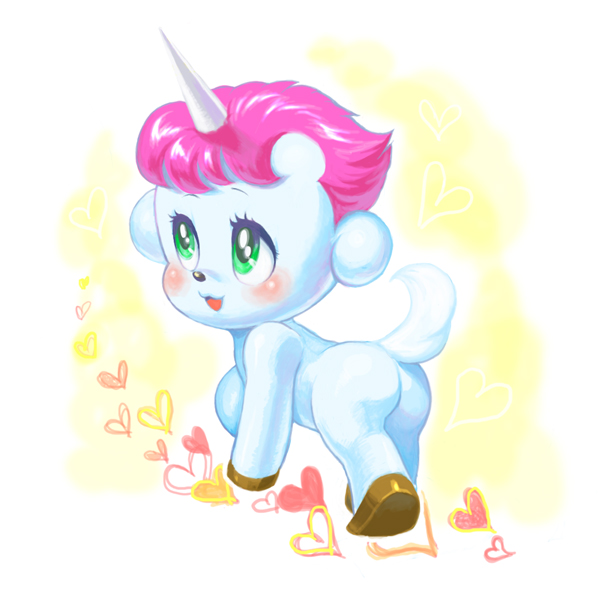 1980s_(style) 1boy blush from_behind green_eyes heart horns looking_back male_focus maronie-mt retro_artstyle open_mouth pink_hair retro_artstyle single_horn smile solo tail unico unico_(character) unicorn