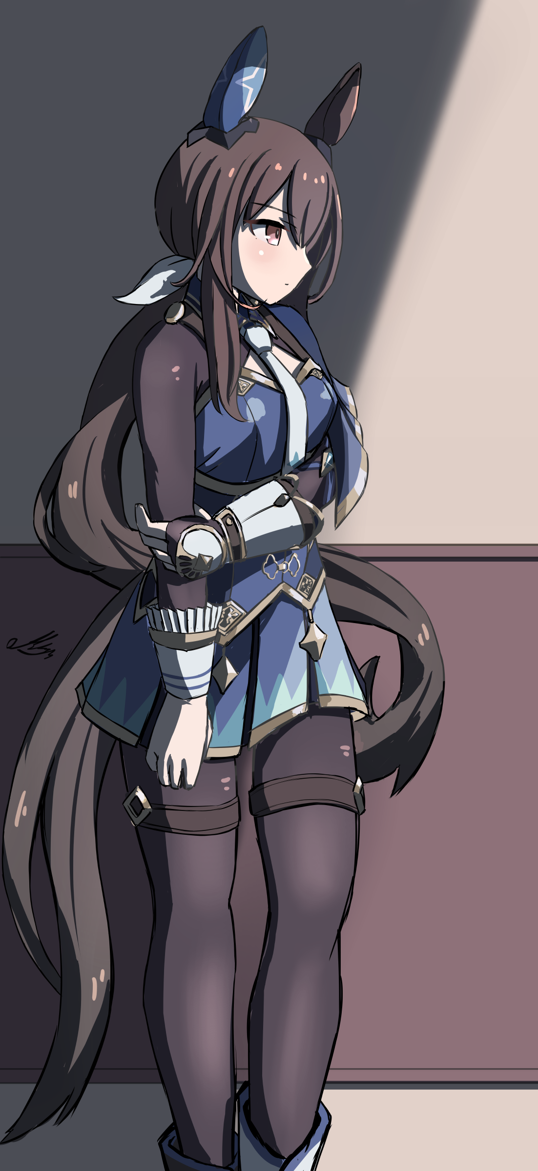 1girl absurdres admire_vega_(umamusume) animal_ears black_pantyhose blue_skirt brown_eyes brown_hair ear_covers feet_out_of_frame highres horse_ears horse_girl horse_tail long_hair long_sleeves looking_to_the_side low_ponytail necktie pantyhose ponytail ribbon signature single_ear_cover skirt solo tail tanasiso umamusume white_necktie white_ribbon