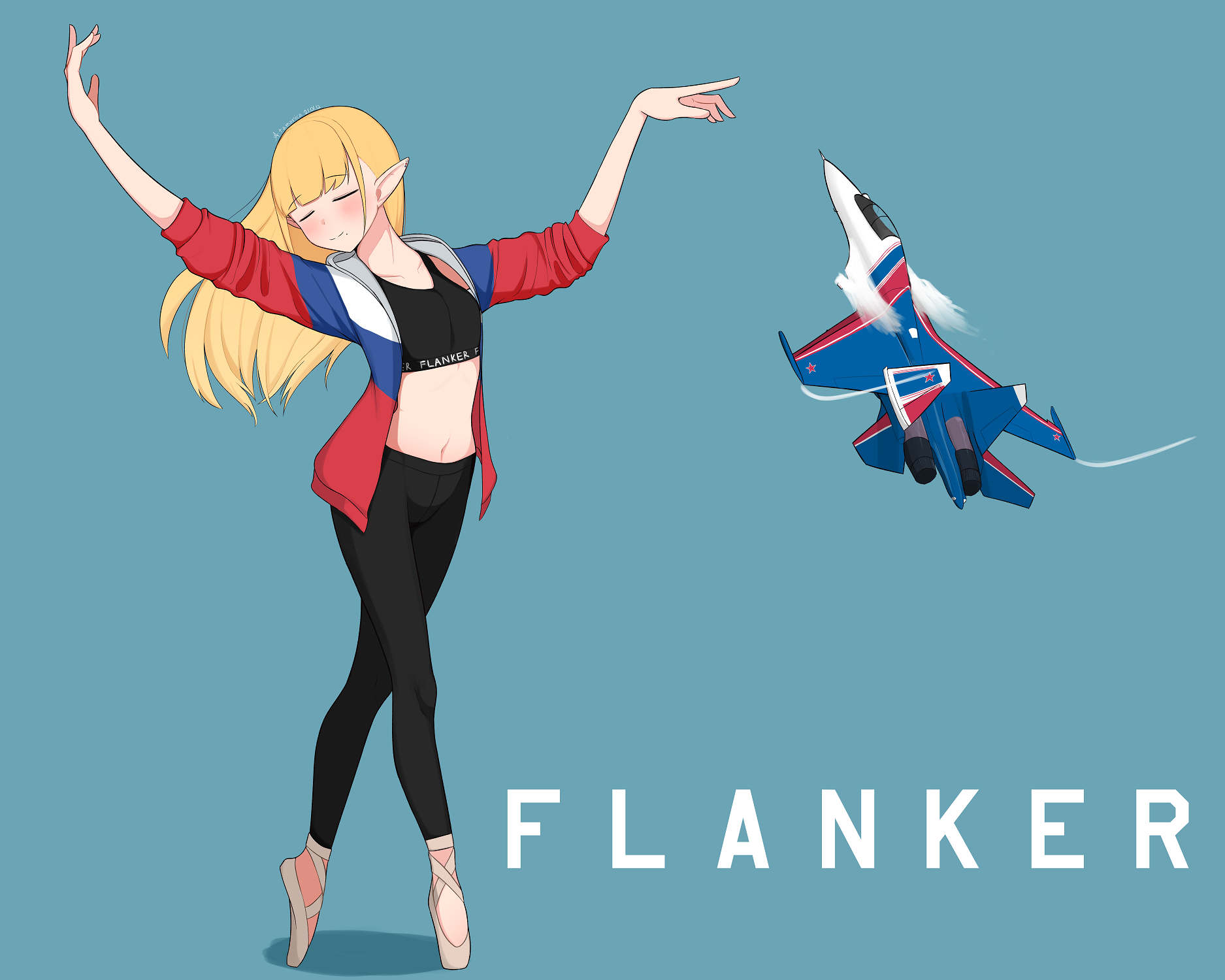 1girl aircraft atamonica ballerina blonde_hair closed_eyes cobra_maneuver commentary dancing english_commentary english_text full_body highres jacket long_hair military navel open_clothes original outstretched_arms personification pointy_ears russian_flag simple_background solo sports_bra stretching su-30 vehicle_and_personification