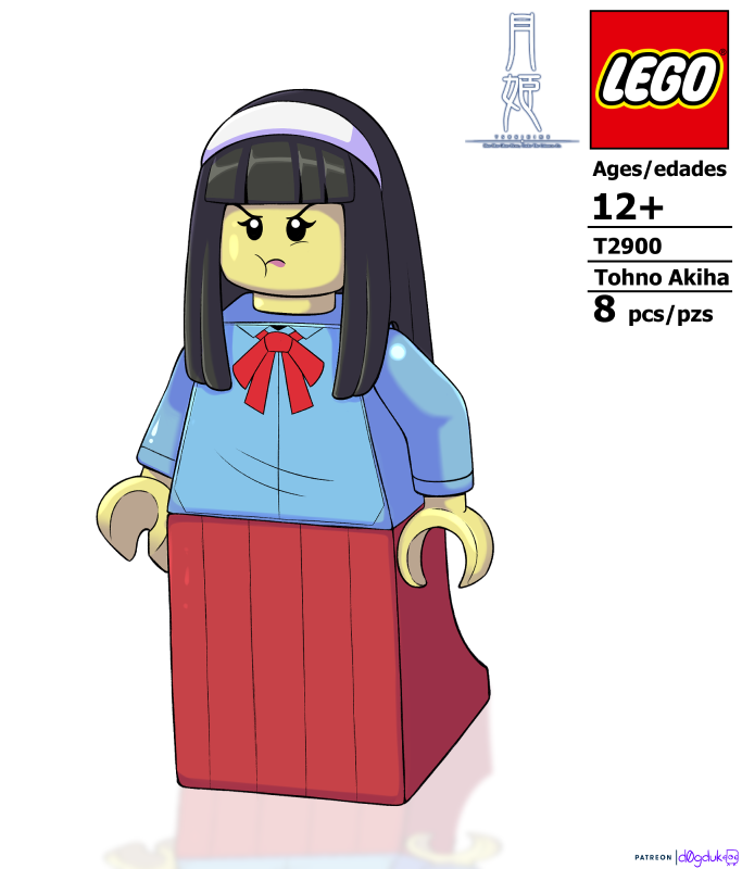 1girl artist_name blue_shirt bow d0gduk hairband hime_cut lego lego_minifig long_hair pout red_bow red_skirt reflective_floor shirt skirt tohno_akiha tsukihime watermark