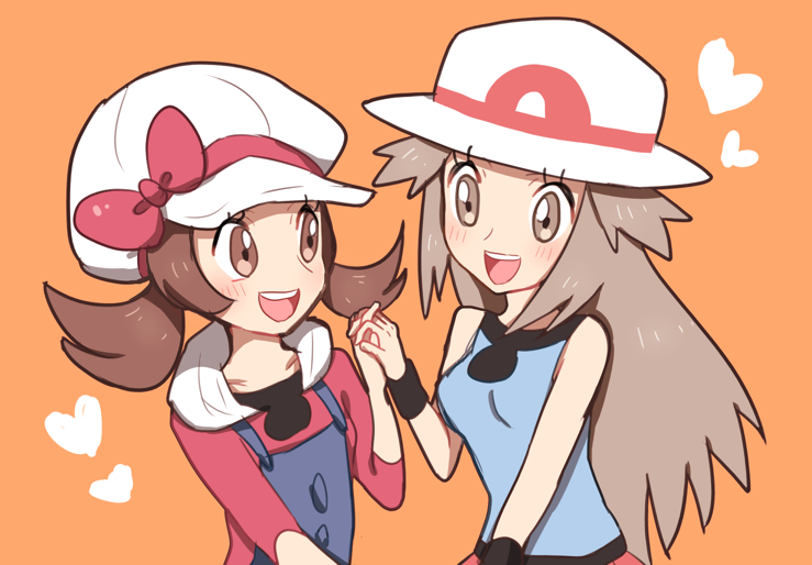 2girls ako_(ako0905) blue_shirt blush brown_eyes brown_hair commentary_request creatures_(company) game_freak hat holding_hands leaf_(pokemon) long_hair low_twintails lyra_(pokemon) multiple_girls nintendo open_mouth orange_background pokemon pokemon_frlg pokemon_hgss red_hat red_shirt shirt simple_background sleeveless sleeveless_shirt twintails white_hat yuri