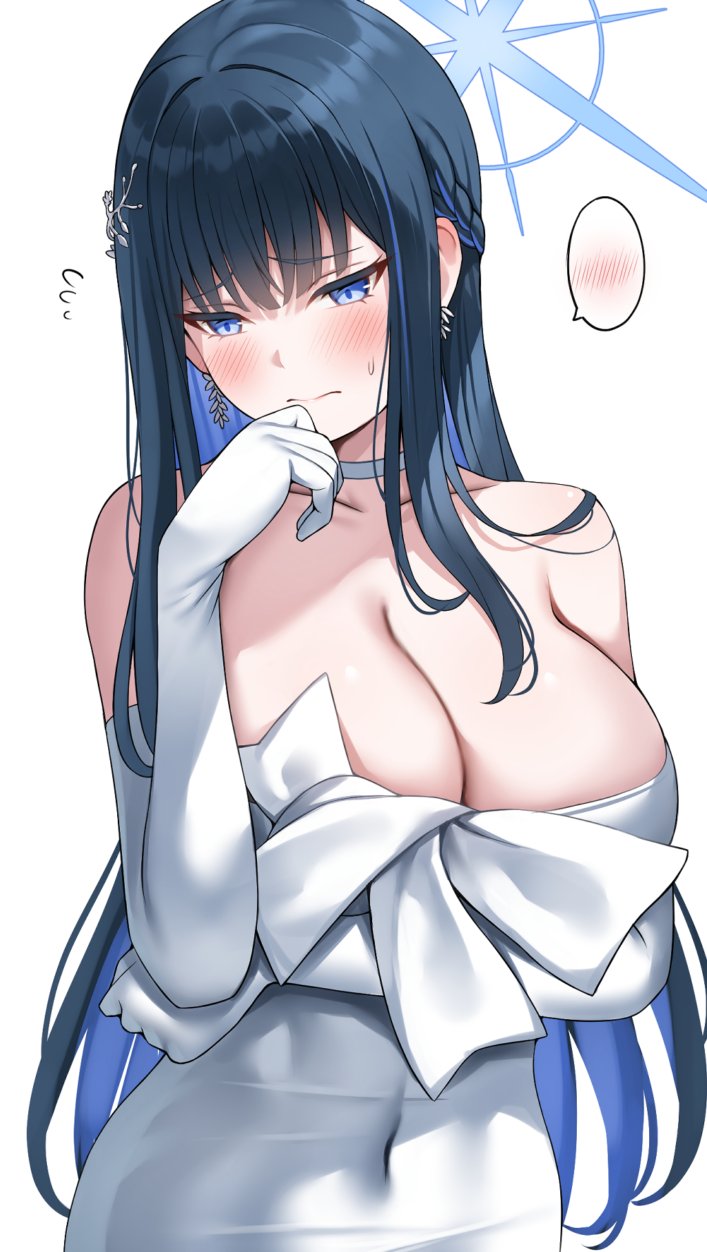 1girl bare_shoulders black_hair blue_archive blue_eyes blue_hair blush breasts choker cleavage closed_mouth collarbone colored_inner_hair covered_navel dress earrings elbow_gloves gloves hair_ornament halo highres jewelry large_breasts long_hair multicolored_hair nano_(syoutamho) saori_(blue_archive) saori_(dress)_(blue_archive) solo white_dress white_gloves