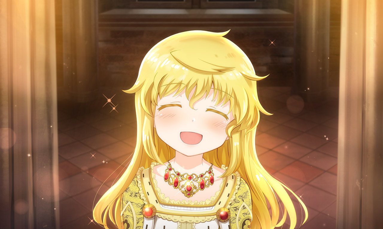 1girl aged_down ahoge blonde_hair blush castle closed_eyes colored_eyelashes gem happy indoors isabeau_de_baviere_(madoka_magica) jewelry light_particles long_hair magia_record:_mahou_shoujo_madoka_magica_gaiden mahou_shoujo_madoka_magica mahou_shoujo_tart_magica messy_hair necklace official_art open_mouth parted_lips pattern_request queen royal_robe sidelocks smile solo sparkle upper_body