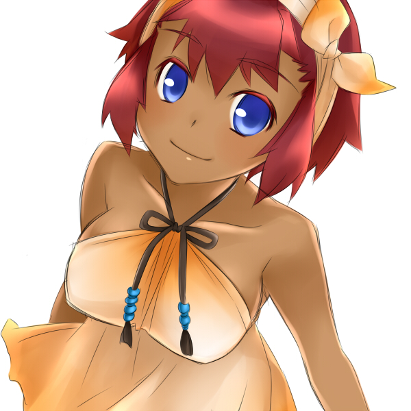 1girl bare_shoulders blue_eyes breasts collarbone dark-skinned_female dark_skin dress female_focus hairband mayo-black red_hair ricarla_borgnine short_hair smile solo super_robot_wars super_robot_wars_original_generation