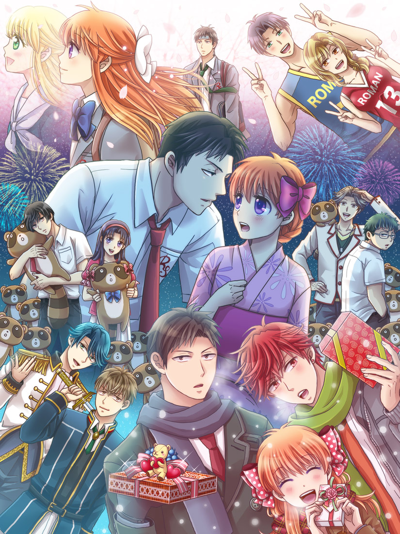 10s 5girls 6+boys black_hair blonde_hair blue_hair bow brown_eyes brown_hair double_v epaulettes eriyama fireworks gekkan_shoujo_nozaki-kun glasses green_eyes green_hair hair_bow hori_masayuki japanese_clothes kashima_yuu kimono maeno_mitsuya mamiko_(koi_shiyou!) mikoshiba_mikoto miyako_yukari miyamae_ken multiple_boys multiple_girls nozaki_mayu nozaki_umetarou open_mouth orange_hair polka_dot polka_dot_bow purple_eyes red_eyes red_hair reverse_trap sakura_chiyo school_uniform seo_yuzuki serafuku smile tanuki too_many v wakamatsu_hirotaka yukata