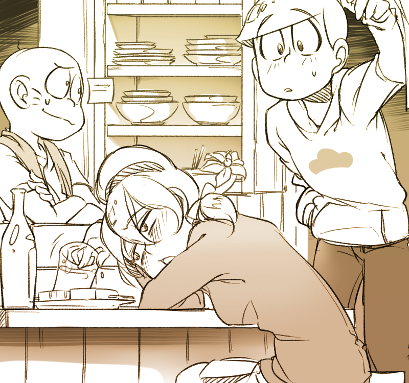 10s 1girl 2boys bottle chibita crossed_arms drunk facial_mark food food_stand hairband hood hoodie looking_at_another low_twintails matsuno_osomatsu monochrome multiple_boys oden osomatsu-kun osomatsu-san osomatsu_(series) rian_(bdl) sake_bottle shirt short_twintails sweatdrop t-shirt towel towel_around_neck twintails whisker_markings yatai yowai_totoko