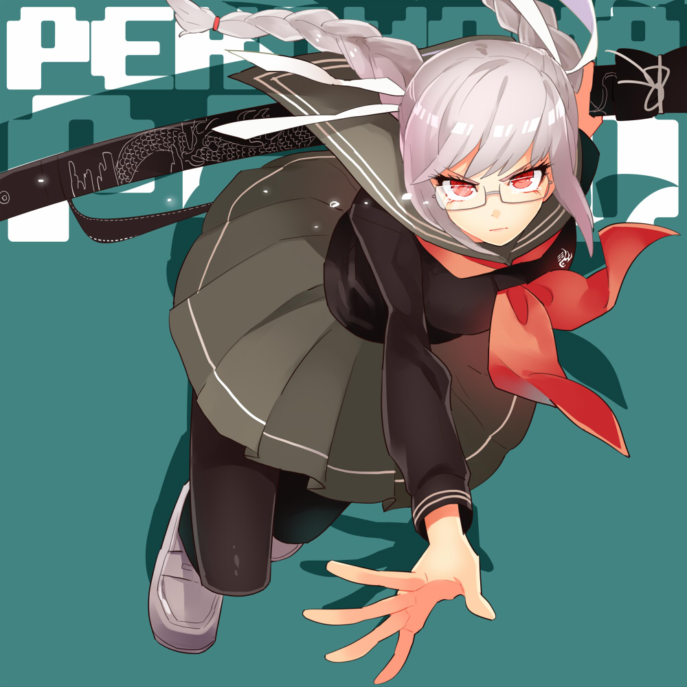 10s 1girl bad_id bad_pixiv_id black_pantyhose braid character_name danganronpa_(series) danganronpa_2:_goodbye_despair female_focus glasses gum_(gmng) gumidemo_kandero long_hair pantyhose pekoyama_peko red_eyes ribbon scabbard school_uniform serafuku sheath silver_hair skirt solo twin_braids
