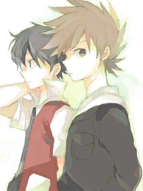 00s 1990s_(style) 2boys black_hair blue_oak blue_oak_(pokemon_hgss) brown_hair koiwai_(waiwaiyyy) multiple_boys nintendo pokemon pokemon_hgss pokemon_rgby red_(pokemon) retro_artstyle tegaki unworn_headwear