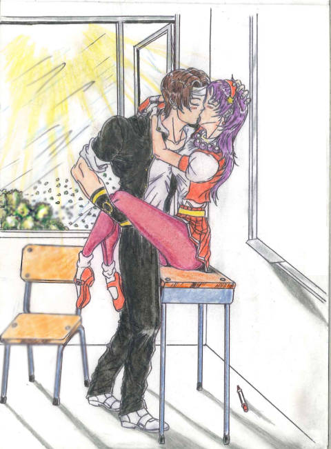 asamiya_athena classroom hair_ornament headband kiss kusanagi_kyou leg_grab psycho_soldier purple_eyes purple_hair school_uniform snk star_(symbol) star_hair_ornament the_king_of_fighters the_king_of_fighters_&#039;97 white_headband