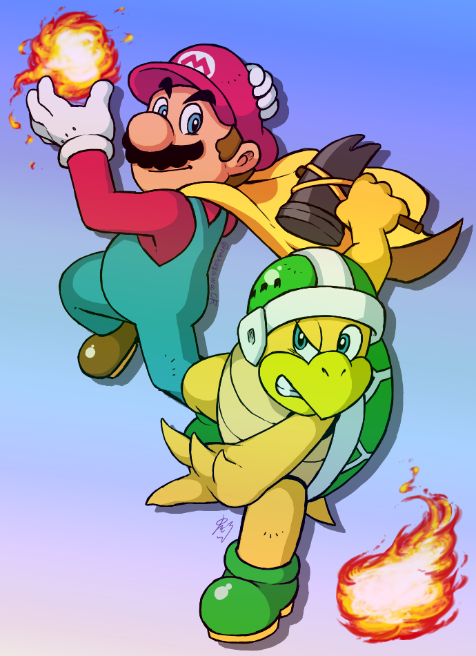 1boy angry blue_eyes cape cape_mario facial_hair fire fireball gloves hammer hammer_bro hammer_bro hat helmet mario mario_(series) mustache nintendo overalls smile super_mario_bros._1 super_mario_world tail yellow_cape