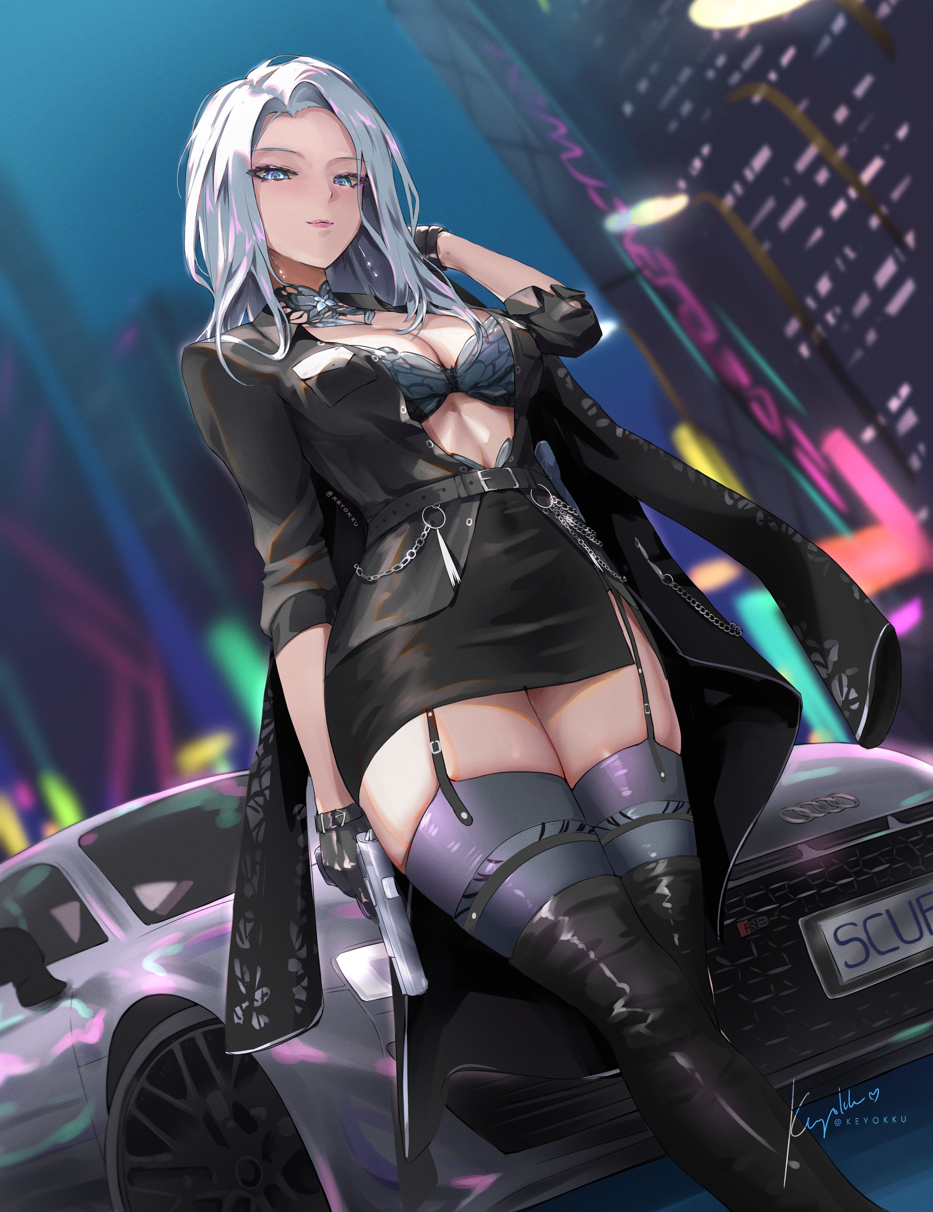 1girl absurdres audi belt black_boots black_bra black_gloves black_jacket black_shirt black_skirt blue_brooch blue_eyes boots bra breasts butterfly_brooch car commentary english_commentary front_slit garter_straps gloves grey_hair gun handgun highres holding holding_gun holding_weapon jacket keyokku latex latex_boots long_hair medium_breasts monarch_(amalee) monarch_(mafia)_(amalee) motor_vehicle pencil_skirt shirt skirt solo thigh_boots unbuttoned unbuttoned_shirt underwear virtual_youtuber vshojo weapon