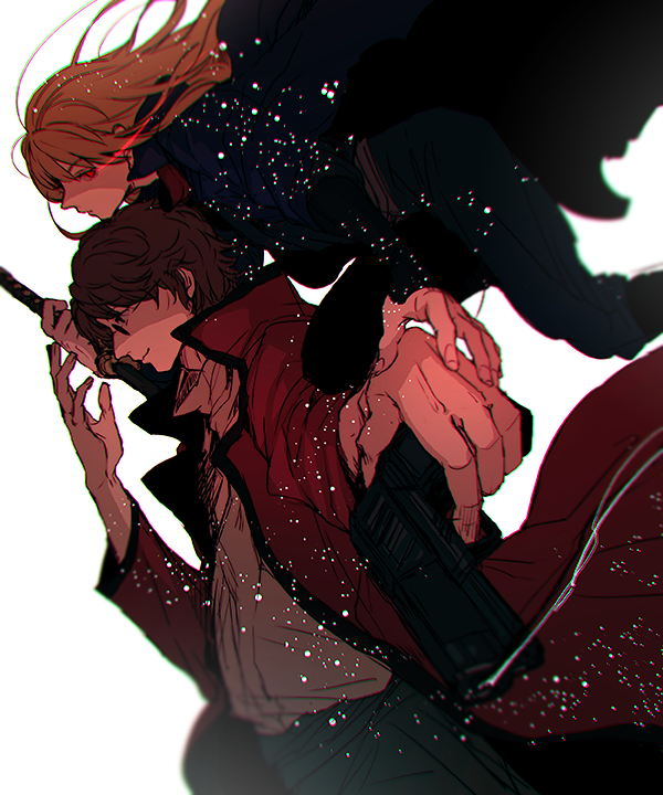 1boy 1girl brown_hair coat eye_trail gintama gun handgun holding holding_gun holding_weapon light_trail long_hair mutsu_(gintama) pistol red_eyes sakamoto_tatsuma short_hair sunglasses weapon white_background yuuki_(mnm217)