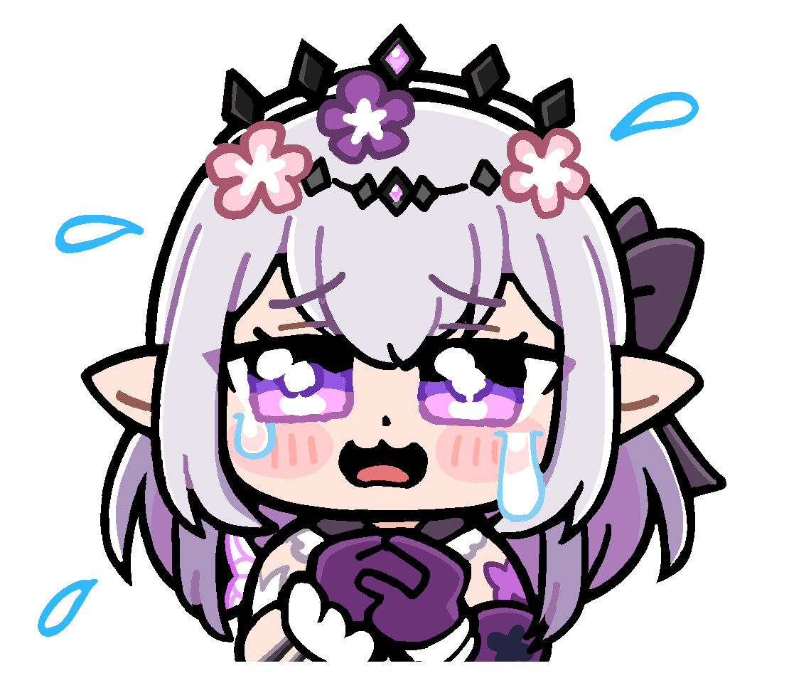 1girl :3 bkub black_tiara blush_stickers bow castorice_(honkai:_star_rail) chibi chibi_only commentary crying dot_nose dress english_commentary flower flying_sweatdrops gloves guest_art hair_bow hair_flower hair_ornament honkai:_star_rail honkai_(series) long_hair looking_at_viewer official_art open_mouth own_hands_clasped own_hands_together pink_flower pointy_ears purple_bow purple_eyes purple_flower purple_gloves purple_hair second-party_source simple_background solo tiara transparent_background white_dress