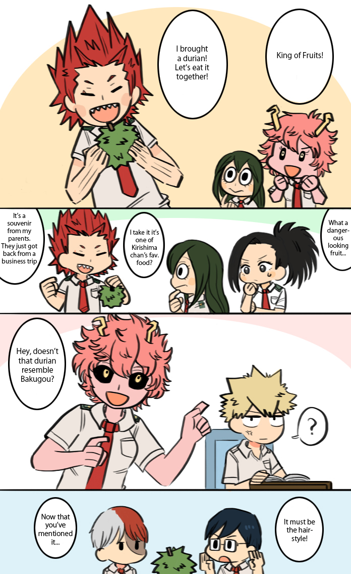 10s ashido_mina asui_tsuyu bakugou_katsuki boku_no_hero_academia comic durian english_text food fruit iida_tenya kirishima_eijirou school_uniform speech_bubble spiked_hair text_focus todoroki_shouto yaoyorozu_momo