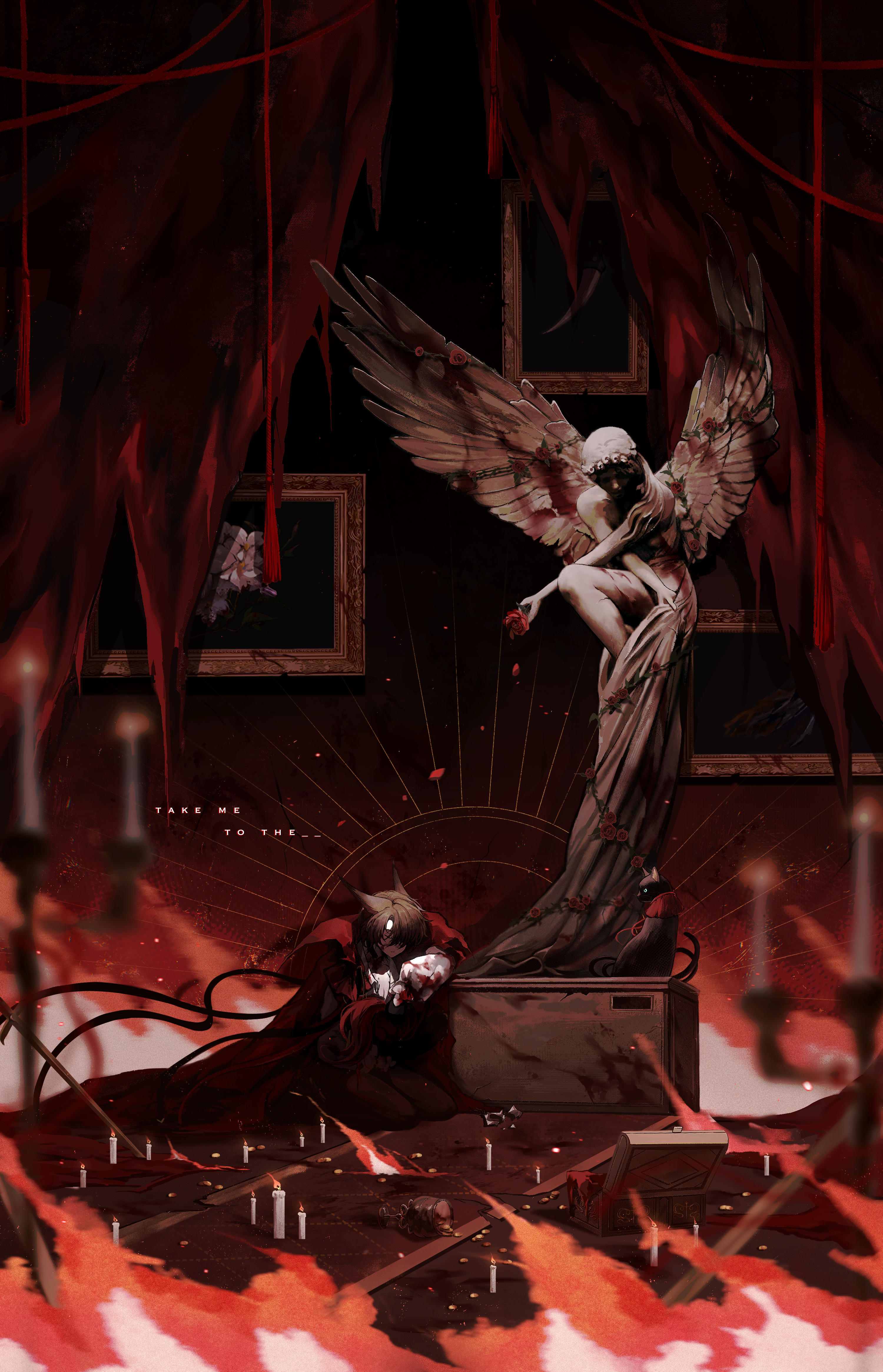 1boy absurdres angel_statue animal_ears arknights black_gloves black_hat black_pants blood blood_on_clothes brown_hair candelabra candle candlestand cape cat_boy cat_ears chinese_commentary closed_eyes closed_mouth commentary_request curtains english_text fire flower gloves hat highres holding holding_unworn_clothes holding_unworn_hat kneeling luna_(carrrlio) male_focus painting_(object) pants petals phantom_(arknights) phantom_(focus)_(arknights) picture_frame red_cape red_flower red_rose rose rose_petals shirt short_hair solo statue unworn_hat unworn_headwear white_shirt