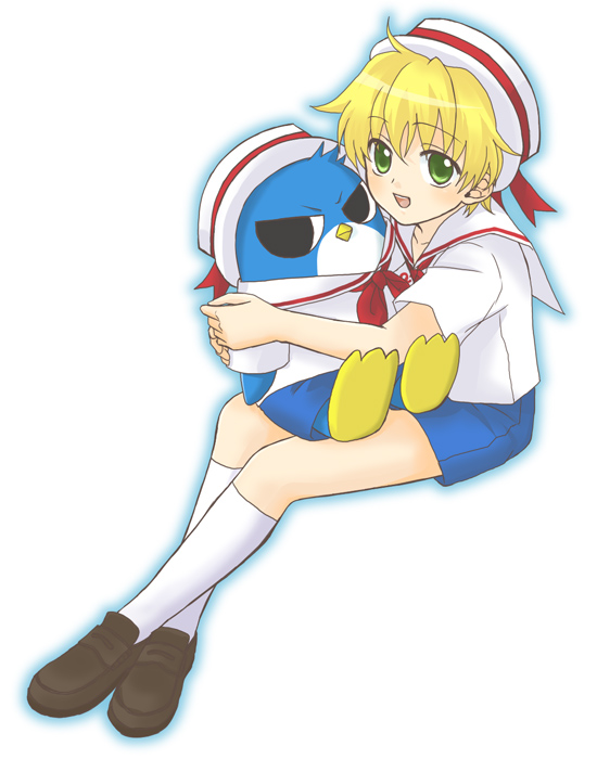 00s 1boy bird blonde_hair dual_persona green_eyes hat hippo_(mermaid_melody_pichi_pichi_pitch) hug male_focus mermaid_melody_pichi_pichi_pitch penguin sailor sailor_hat socks solo spoilers suga_(pixiv_34566) time_paradox