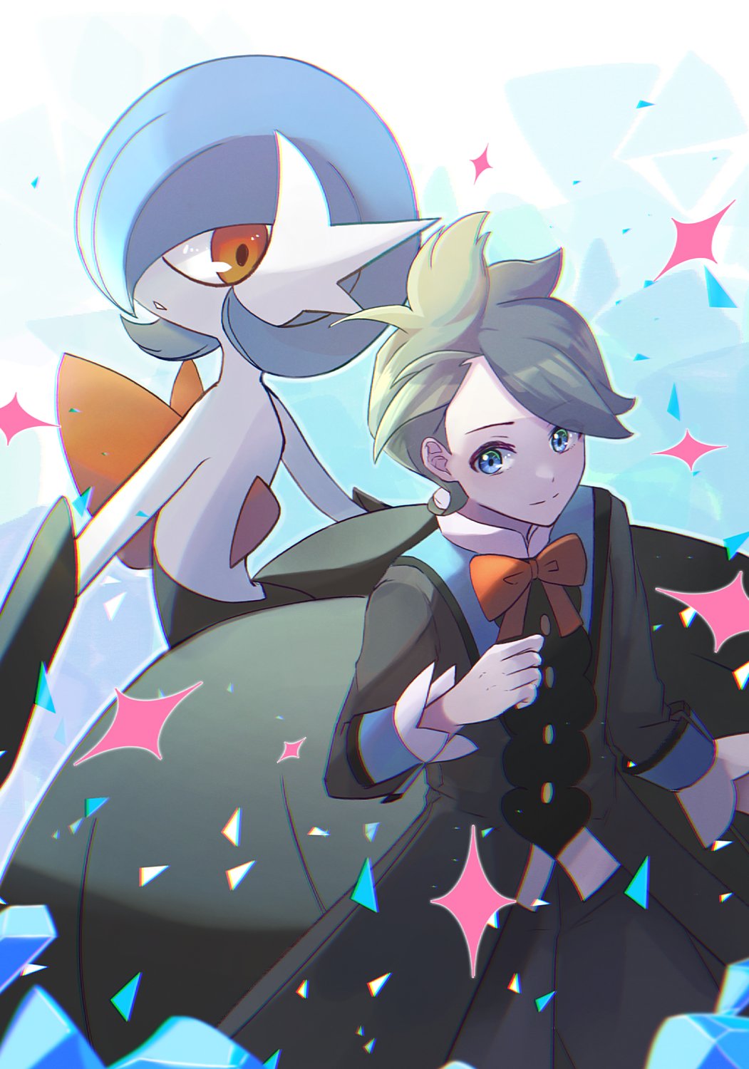 1boy alternate_color black_shorts blue_eyes bow bowtie buttons closed_mouth commentary_request gardevoir gen_3_pokemon green_hair hand_up highres long_sleeves male_focus mega_gardevoir mega_pokemon nintendo official_alternate_costume orange_bow orange_bowtie pokemon pokemon_masters_ex shiny_pokemon short_hair shorts split_mouth ssn_(sasa8u9r) wally_(pokemon) wally_(sygna_suit)_(pokemon)