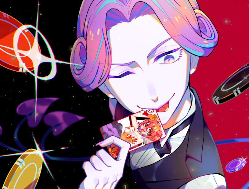 1boy 1girl ahoge alternate_hairstyle bishounen black_background black_neckwear blue_eyes blush bow bowtie card casino collared_shirt colored_skin curly_hair dress eyelashes fate/grand_order fate_(series) fingernails formal_clothes fujimaru_ritsuka_(female) fujimaru_ritsuka_(female)_(starlight_fest) gloves unworn_gloves gradient_hair hair_intakes hair_ornament hair_scrunchie heart heart_tail long_fingernails male_focus mephistopheles_(fate) multicolored_eyes multicolored_hair multiple_tails nail_polish official_alternate_costume one_eye_closed one_side_up orange_dress orange_eyes orange_hair pale_skin poker_chip purple_eyes purple_hair purple_lips purple_nails puteru red_background scrunchie shirt short_hair side_ponytail solo_focus suit tail thick_eyebrows tongue tongue_out tri_tails tsurime white_skin