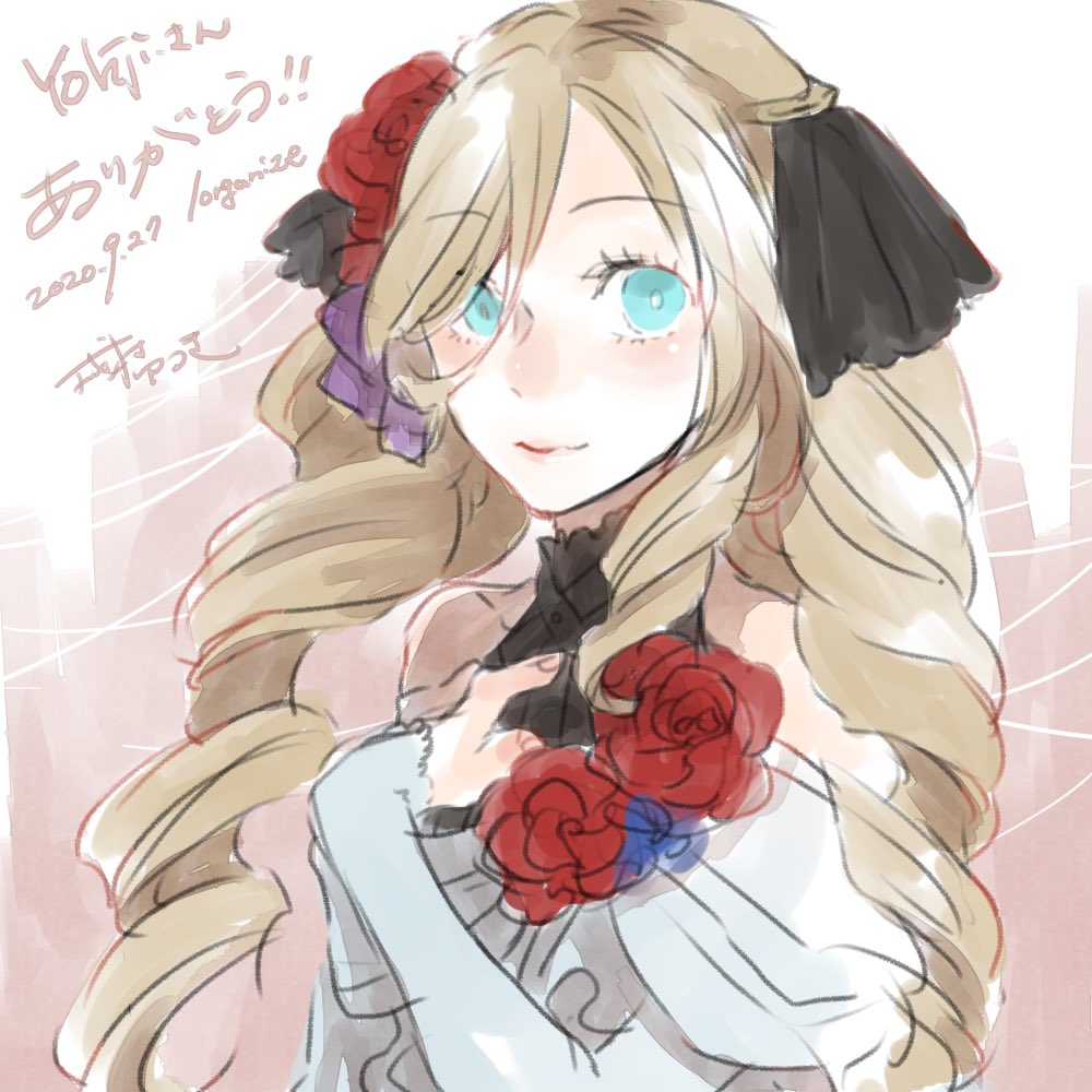 1girl black_bow black_shirt blonde_hair blue_eyes blush bow closed_mouth commentary_request dated dress drill_hair flower hair_bow long_hair looking_at_viewer off-shoulder_dress off_shoulder princess_meer ragnarok_online red_flower red_rose rose shirt sleeveless sleeveless_shirt smile solo translation_request twin_drills upper_body white_dress yutsuki