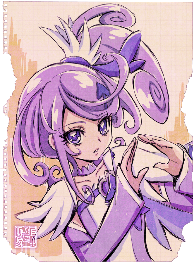 1girl arm_warmers artist_logo cure_sword detached_sleeves dokidoki!_precure earrings hair_ornament jewelry kamikita_futago kenzaki_makoto logo looking_at_viewer magical_girl precure purple_eyes purple_hair solo upper_body