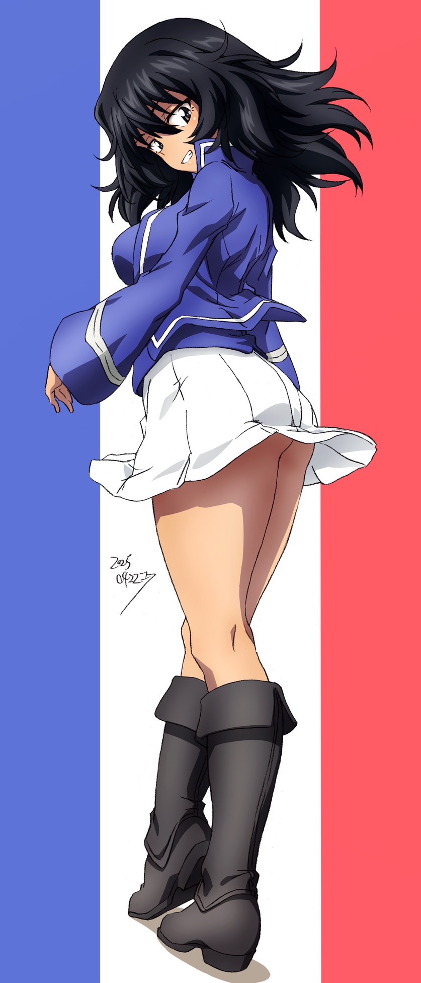 1girl andou_(girls_und_panzer) ass black_hair boots breasts dark-skinned_female dark_skin erakin french_flag girls_und_panzer grin highres large_breasts long_hair pleated_skirt simple_background skirt smile upskirt