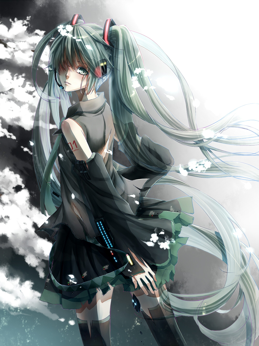 1girl aqua_eyes aqua_hair detached_sleeves female_focus hair_over_one_eye hatsune_miku headset highres koyoru-f long_hair looking_at_viewer looking_back necktie skirt solo thighhighs twintails very_long_hair vocaloid zettai_ryouiki