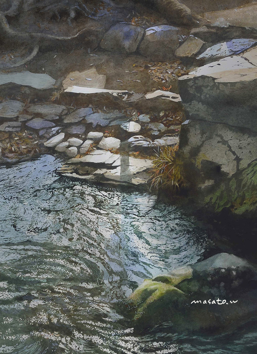 day grass highres moss no_humans original painting_(medium) plant plant_roots pond rock shadow sunlight traditional_media watanabe_masato water watercolor_(medium)