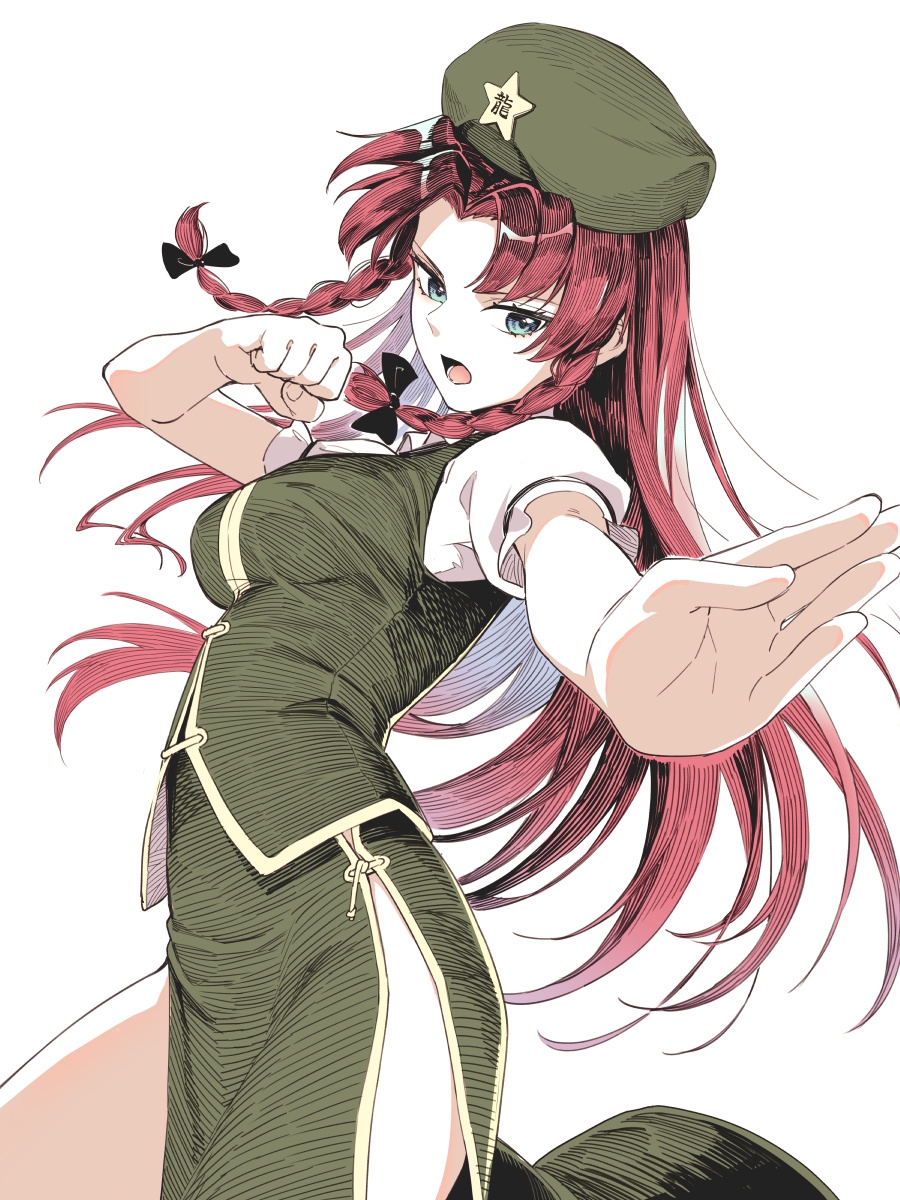 1girl asutora black_bow bow braid chinese_clothes commentary_request fighting_stance green_eyes green_hat hair_bow hat highres hong_meiling long_hair looking_at_viewer open_mouth pelvic_curtain red_hair short_sleeves simple_background solo touhou twin_braids white_background